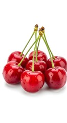 flying Fresh cherries with green stems,