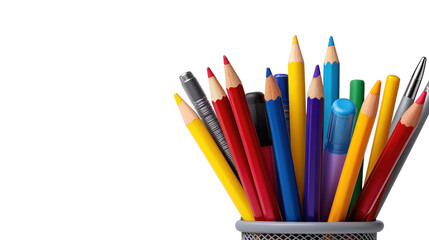 Fototapeta premium Assorted school supplies with ballpoint pens, pencils, colored pencils, and markers in a pen holder isolated on transparent background.
