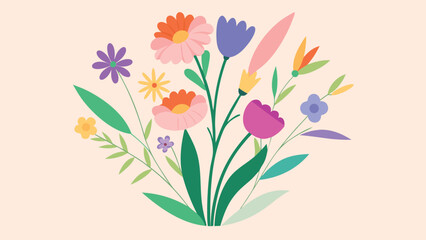 A vibrant and whimsical illustration of a colorful bouquet of stylized wildflowers and leaves in a flat design style against a soft peach background