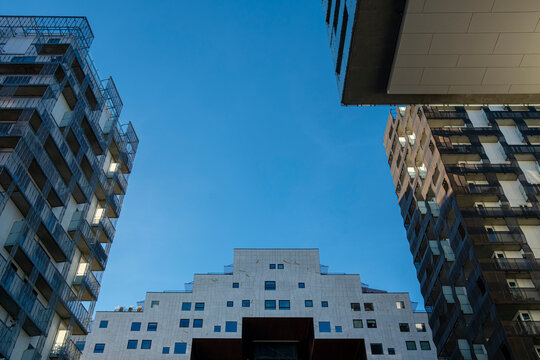 Contemporary residential architecture in Oslo Norway with bold geometric facades, clarity and copy space background for branding, editorial and corporate use