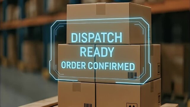 Dispatch ready order confirmed digital label stacked cardboard box pallet warehouse with barcode fragile symbol blurred worker shelving and logistics fulfillment package shipment delivery notification