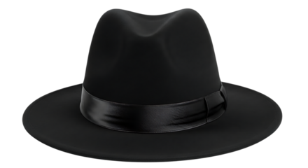 A classic black fedora hat with a satin ribbon band isolated on white background