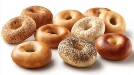 A selection of bagels in various shapes and sizes are displayed featuring toppings like sesame seeds poppy seeds and everything bagel mix. The warm colors add a delicious appeal.