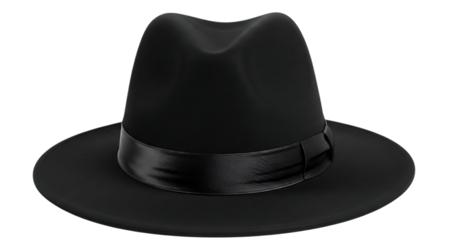A classic black fedora hat with a satin ribbon band isolated on white background