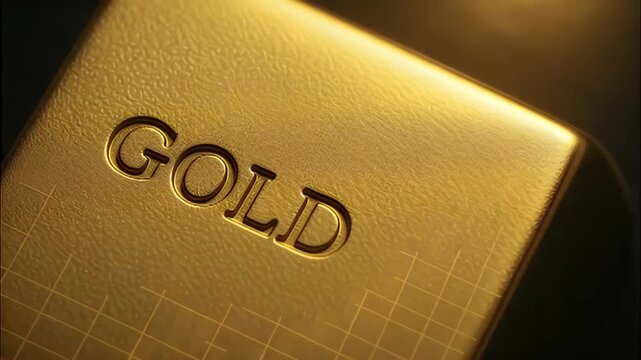 Gold bar embossed text with glowing metallic texture and warm reflection, rising candlestick chart overlay conveying bullish investment growth, finance wealth metal bullion market optimism