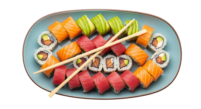 A generous platter of assorted sushi rolls and nigiri featuring salmon and tuna isolated on white background