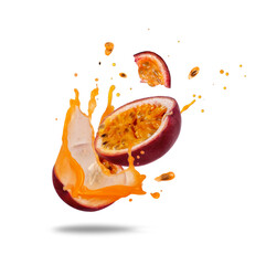 Sliced ripe passion fruits (Passiflora) with splashes of fresh juice on a white background