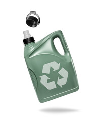 Plastic motor oil container with recycling sign on a white background