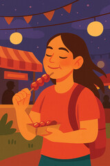 Young woman enjoying street food at night market,