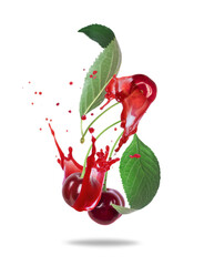 Whole and sliced cherries with juice splashes close-up isolated on white background
