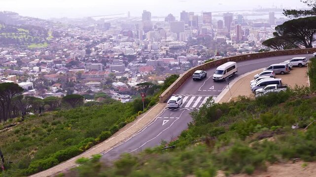 Road to Table Mountain in Cape Town, South Africa. Iconic mountain and major landmark, tourists visiting travel destination in Africa. 