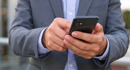 Businessman using smartphone while standing outdoors in a suit  