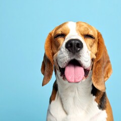 Beagle dog with happy expression against a solid blue background