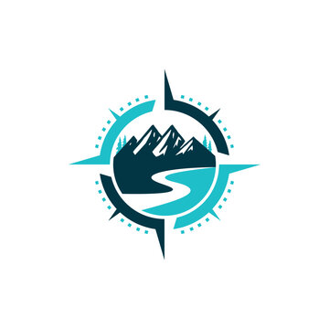 A modern compass logo icon featuring a mountain landscape with a winding river and pine trees.