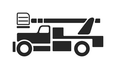 Icon of bucket sign crane mounted on truck. Black and white icon of bucket crane on white background