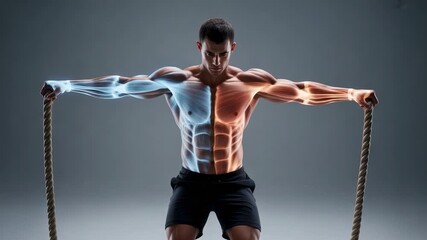 Fitness glow: Strong physique, muscle structure, rope workout, fitness concept using visual artistic elements