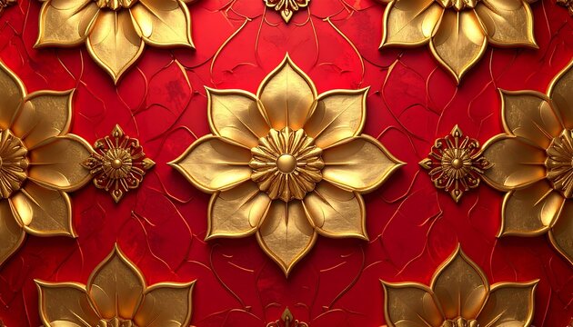 Gold floral pattern on red background