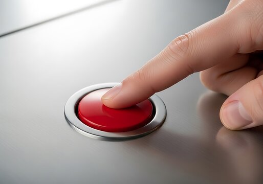 Close-up of a finger pressing a red button on a metallic surface signaling action
