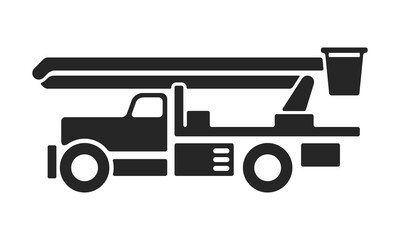 Bucket truck icon. Aerial work basket vehicle. Black and white icon of cherry picker on white background