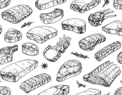 Hand-drawn seamless pattern of various cuts of meat