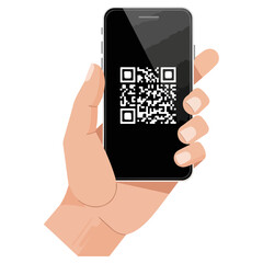 Hand holding smartphone displaying QR code for scanning.