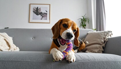 Beagle puppy playing with toy on couch
