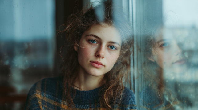 Young woman looking at reflection in window, gazing sadly, feeling loneliness and depression