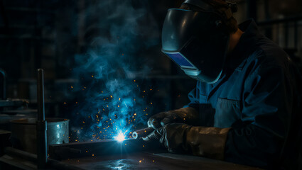 A dramatic close-up of a skilled welder in full safety gear generating a vibrant shower of orange and blue sparks in a moody industrial setting, captured with cinematic depth and contrast