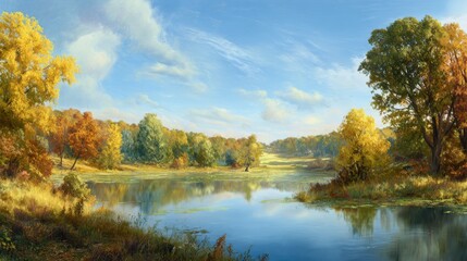 Golden and orange leaves surround a peaceful river reflecting a clear blue sky. The serene landscape captures the beauty of autumn in a tranquil setting during daylight.