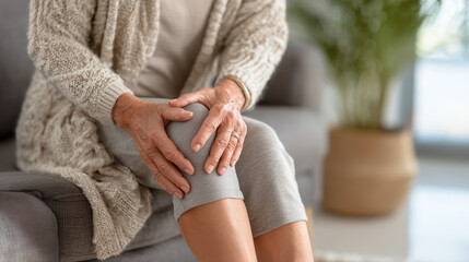 Elderly woman suffering from knee pain at home, hands touching leg, experiencing health discomfort and joint problems