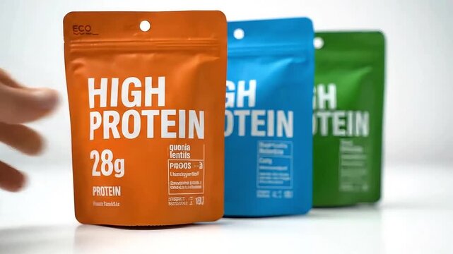 Woman's hand arranging colorful high-protein snack pouches, representing healthy food products and modern packaging design, on a white background with copy space