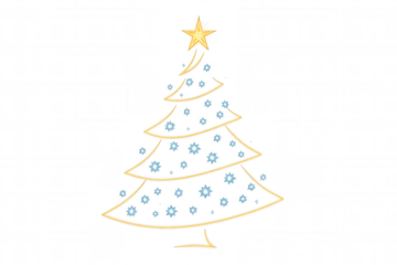 Christmas tree outline, glowing gold lines with blue star decorations, and golden star on top, transparent background