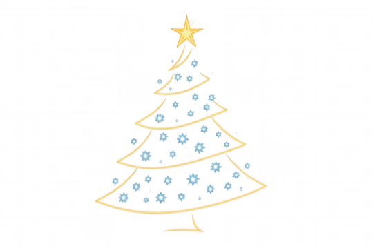 Christmas tree outline, glowing gold lines with blue star decorations, and golden star on top, transparent background