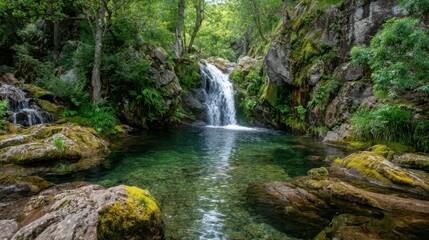 Fototapeta premium Water flows gently from a small waterfall into a serene pool surrounded by vibrant green plants and moss-covered rocks in a quiet forest during daylight.
