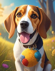 Beagle with a ball in a field.  Cute cartoon dog