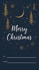 Naklejka premium Vertical Merry Christmas gift tag mockup with gold trees, moon, and snow