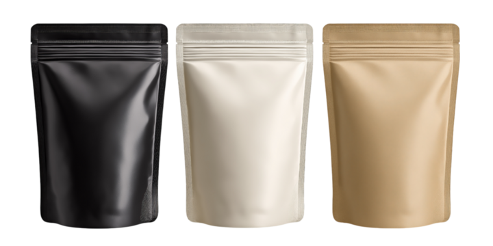 Three blank pouches black white beige isolated on a transparent background