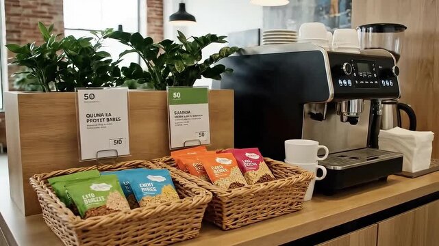 Modern office pantry with a coffee machine and healthy protein bar snacks, representing employee wellness and a productive co-working environment