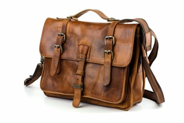 Vintage Leather Messenger Bag Brown Satchel Shoulder Bag Handbag Briefcase on transparent background