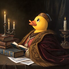 A rubber duck wearing a royal robe and crown sits at a table with books and candles. The scene has a whimsical, regal atmosphere.