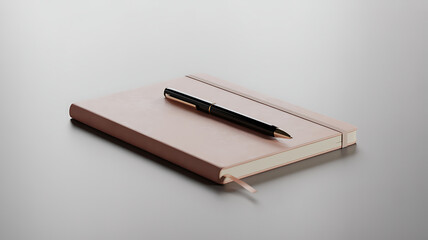 Photo of a blush pink leather journal with a black pen sits on a gray surface