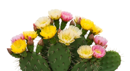 Vibrant prickly pear cactus pads bursting with a colorful array of blooming yellow pink and cream flowers isolated on white background