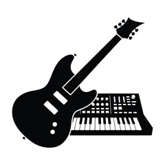 Electric guitar and synthesizer music instruments in black and white vector