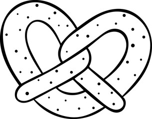 Bavarian pretzel in the shape of a heart, delicious pastries, simple black and white icon, doodle and sketch style
