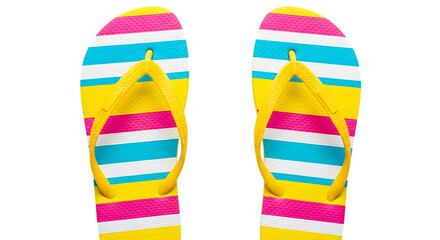 Brightly colored striped flip flops with yellow straps isolated on white background