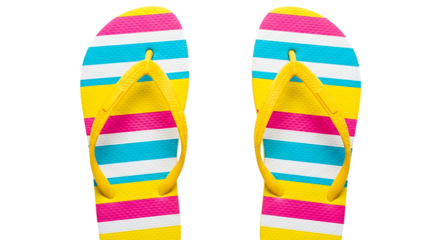 Brightly colored striped flip flops with yellow straps isolated on white background