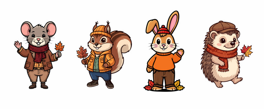 Animals in autumn clothes with a mouse, squirrel, rabbit, and hedgehog, all dressed for fall. These animals in autumn clothes each hold an autumn leaf and wear adorable outfits,