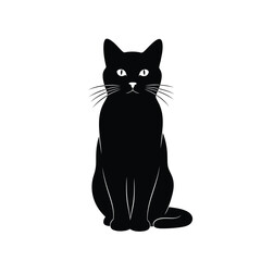 Elegant Black Cat Silhouette Sitting Upright on White Background