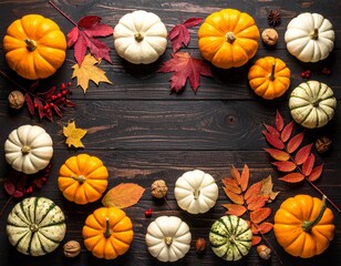 Creative autumn Halloween layout with various leaves and pumkins on dark wooden backgound