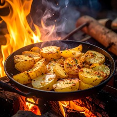 Roasted potatoes over campfire